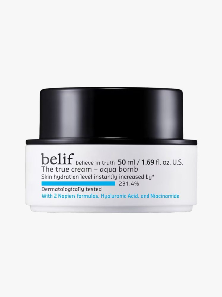 Belif The True Cream Aqua Bomb in branded tub component on a light gray background